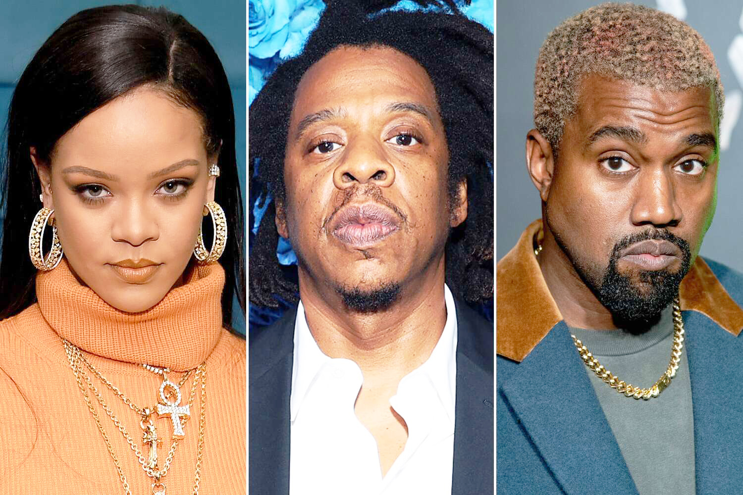 NEW YORK, NEW YORK - FEBRUARY 07: Robyn Rihanna Fenty and Linda Fargo celebrate the launch of FENTY at Bergdorf Goodman at Bergdorf Goodman on February 07, 2020 in New York City. (Photo by Dimitrios Kambouris/Getty Images for Bergdorf Goodman)

NEW YORK, NEW YORK - AUGUST 28: Jay Z attends 40/40 Club Celebrates 18-Year Anniversary With Star-Studded Event at 40 / 40 Club on August 28, 2021 in New York City. (Photo by Shareif Ziyadat/Getty Images for 40/40 Club)

NEW YORK, NEW YORK - DECEMBER 02: Kanye West attends the the Versace fall 2019 fashion show at the American Stock Exchange Building in lower Manhattan on December 02, 2018 in New York City. (Photo by Roy Rochlin/Getty Images)