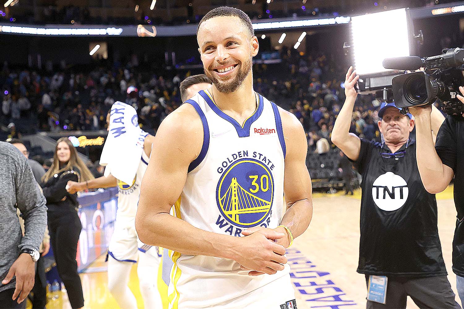SAN FRANCISCO, CA - MAY 9: Stephen Curry #30 of the Golden State Warriors looks on and smiles after the game against the Memphis Grizzlies during Game 4 of the 2022 NBA Playoffs Western Conference Semifinals on May 9, 2022 at Chase Center in San Francisco, California. NOTE TO USER: User expressly acknowledges and agrees that, by downloading and or using this photograph, user is consenting to the terms and conditions of Getty Images License Agreement. Mandatory Copyright Notice: Copyright 2022 NBAE (Photo by Joe Murphy/NBAE via Getty Images)