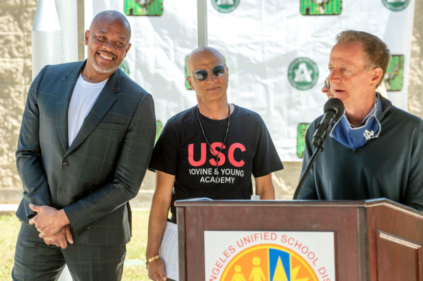 Dr. Dre (a.k.a. Andre Young), and Jimmy Iovine, at the press conference with Austin Beutner speaking at Audubon Middle School. (USC Photo/Gus Ruelas)