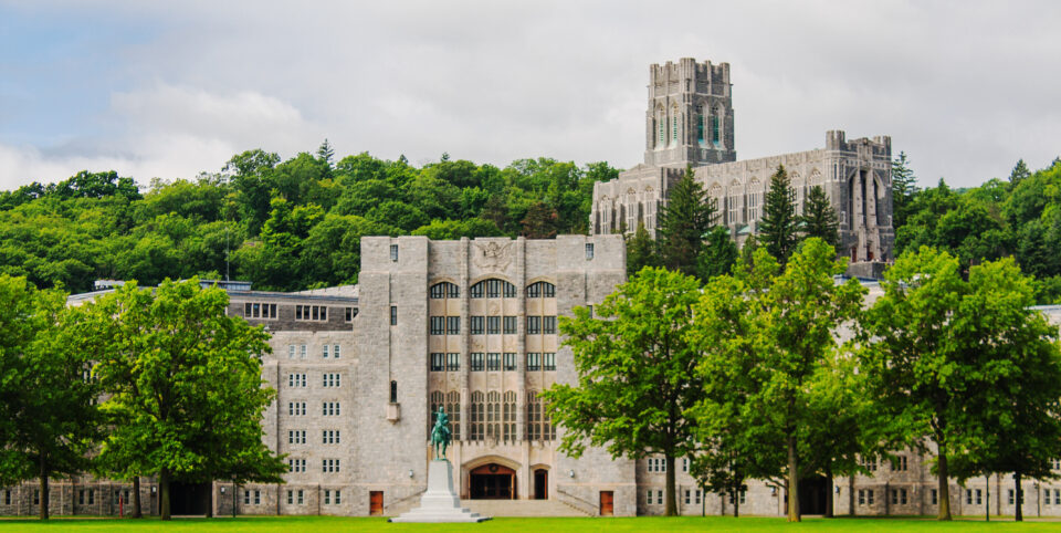West Point, NY, USA - June 06, 2009: The campus of West Point as seen from The Plain - a grand lawn in the center of the West Point Campus, West Point Chapel in the background.