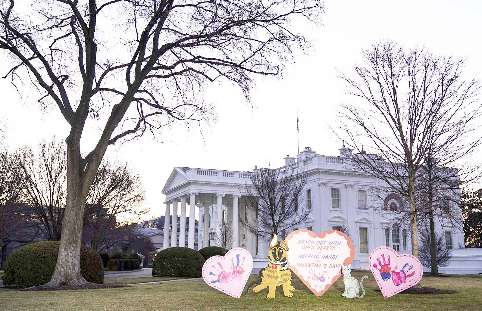 WASHINGTON, DC - FEBRUARY 14: Valentines Day decorations stand on the North Lawn of the White House February 14, 2023 in Washington, DC. Cut-outs of the Biden family dog Commander and cat Willow are also included in the display. (Photo by Drew Angerer/Getty Images)